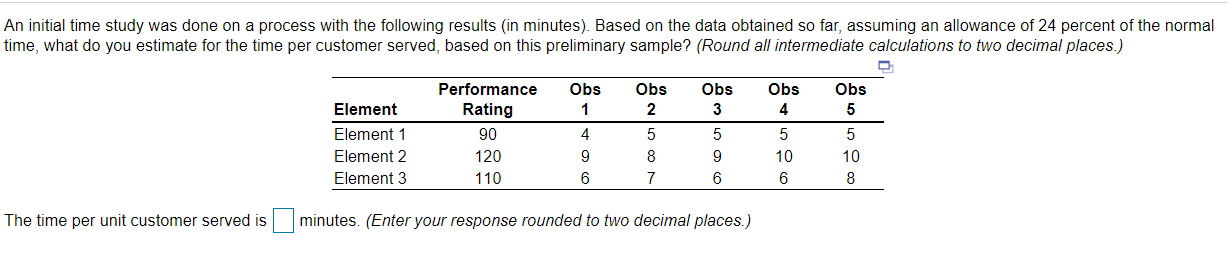 An initial time study was done on a process with