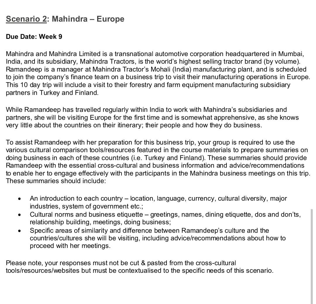 Scenario 2: Mahindra - Europe Due Date: Week 9