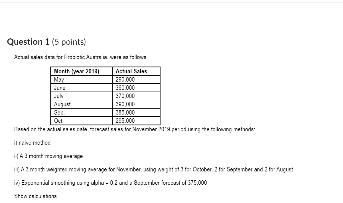 Question 1 (5 points) Actual sales data for