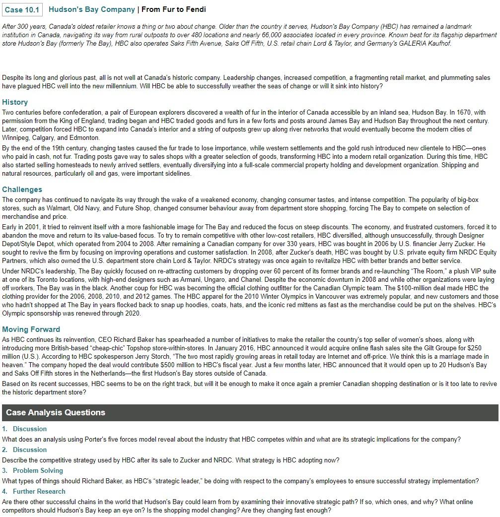 *case analysis questions* Case 10.1 Hudson's Bay