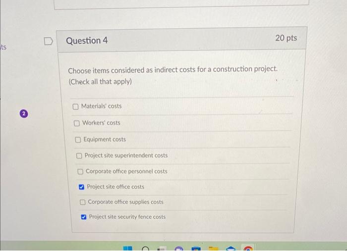 Choose items considered as indirect costs for a