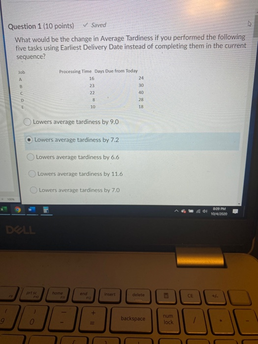 Question 1 (10 points) Saved What would be the