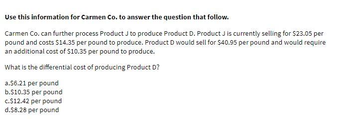 Use this information for Carmen Co. to answer the