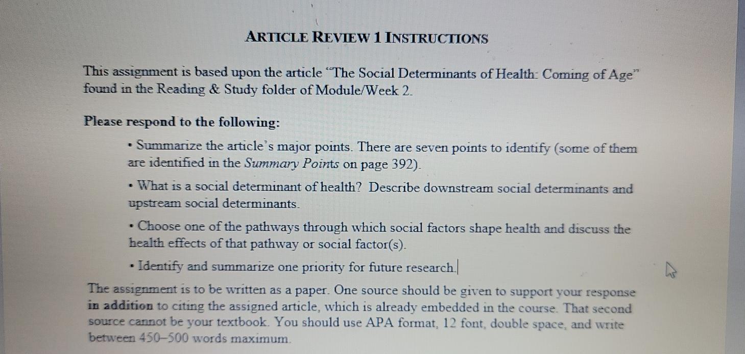 ARTICLE REVIEW 1 INSTRUCTIONS This assignment is