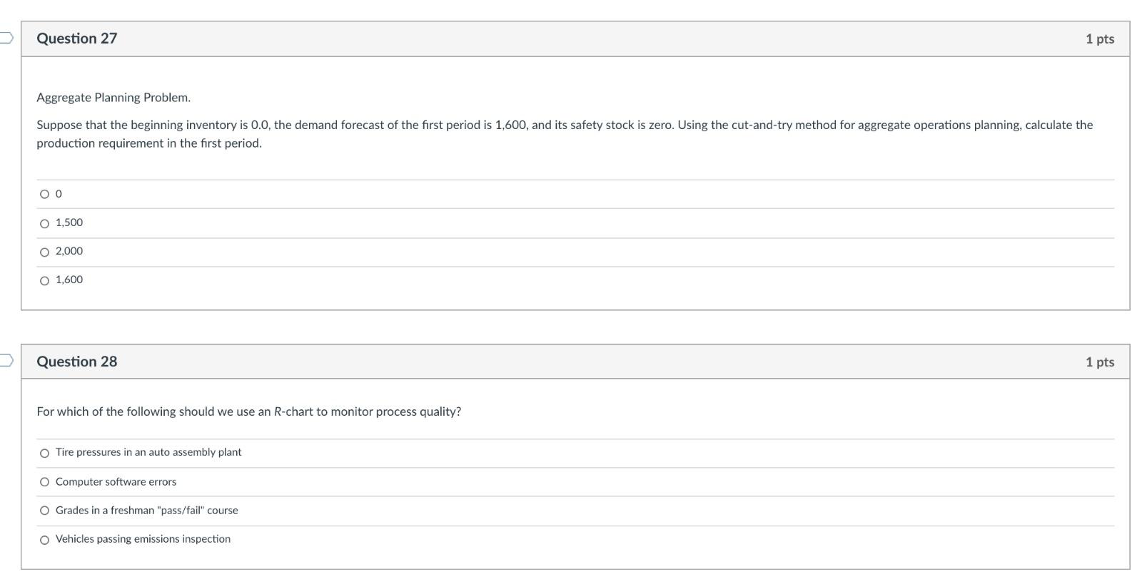 Question 27 1 pts Aggregate Planning Problem.