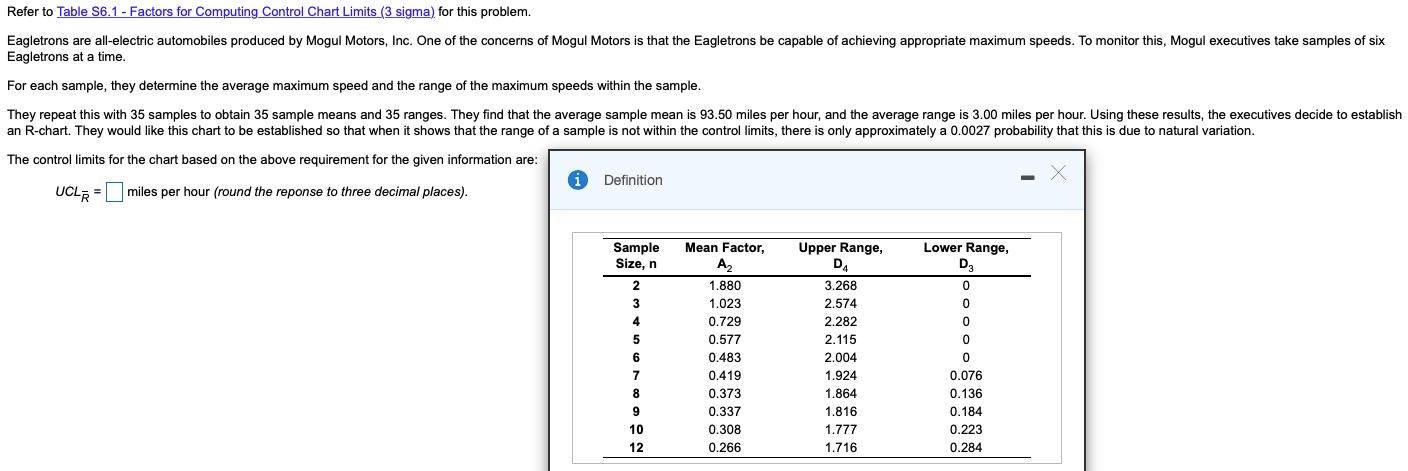 Refer to Table S6.1 - Factors for Computing