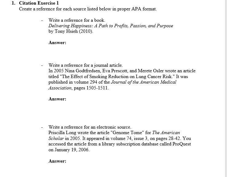 1. Citation Exercise 1 Create a reference for