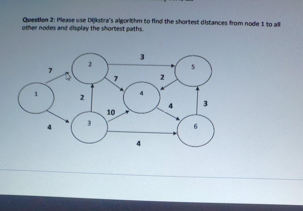 Question 2: Please use Dijkstra's algorithm to