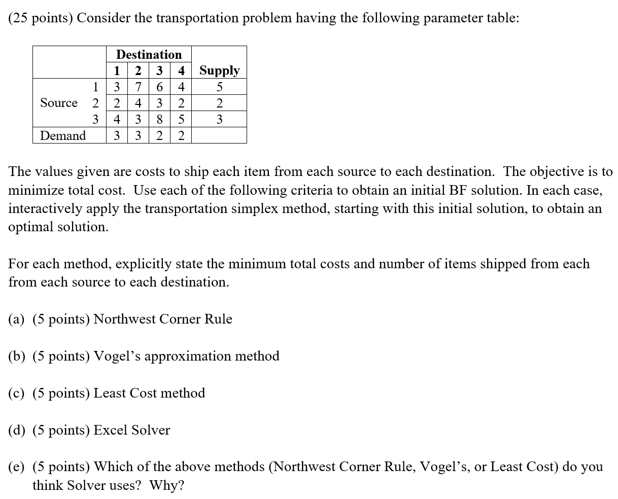 (25 points) Consider the transportation problem