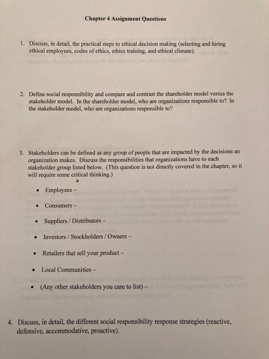 Chapter 4 Assignment Questions 1. Discuss, in
