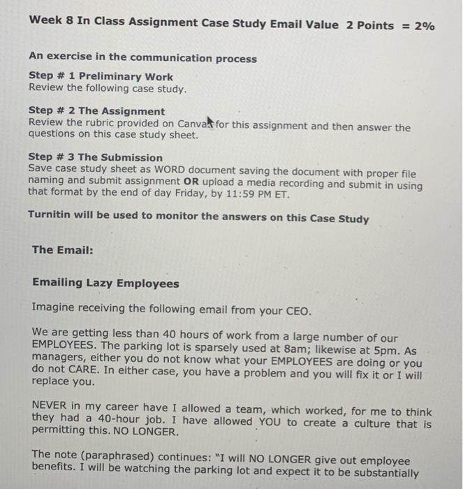 Week 8 In Class Assignment Case Study Email Value