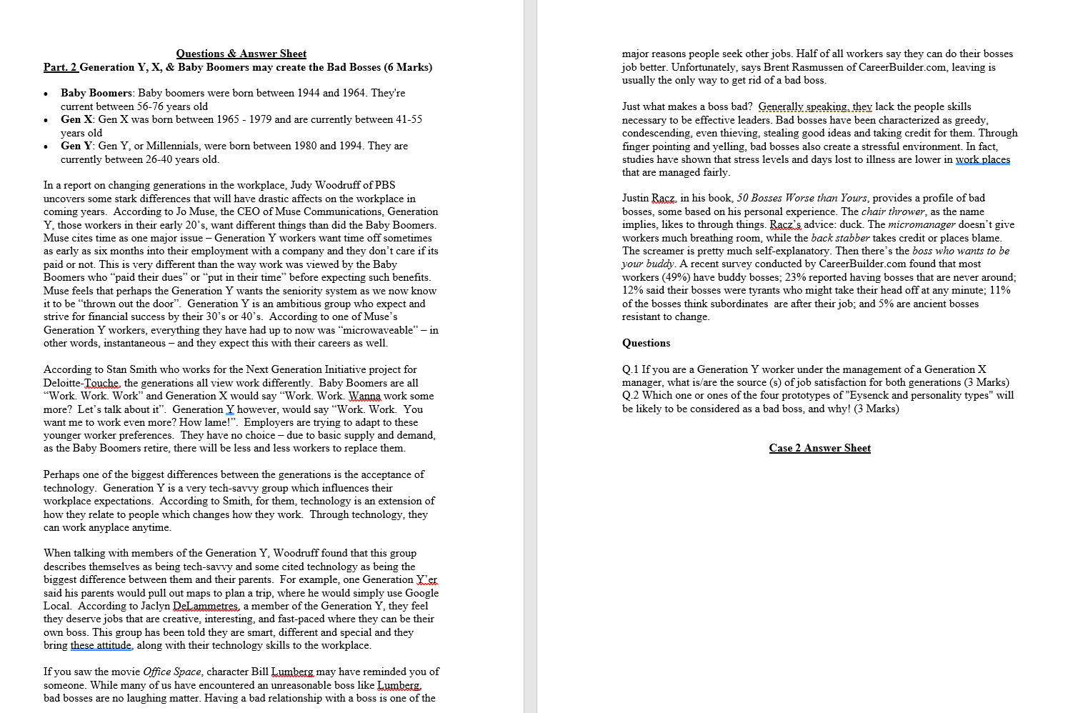 Questions & Answer Sheet Part. 2 Generation Y, X,