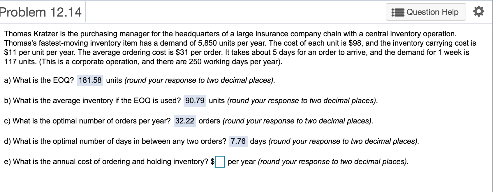 Problem 12.14 Question Help Thomas Kratzer is the