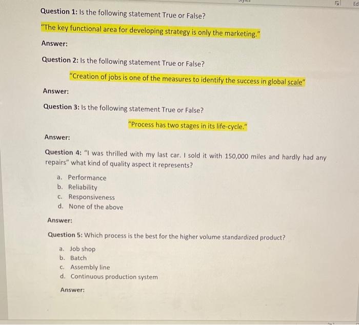 5 Ed Question 1: Is the following statement True