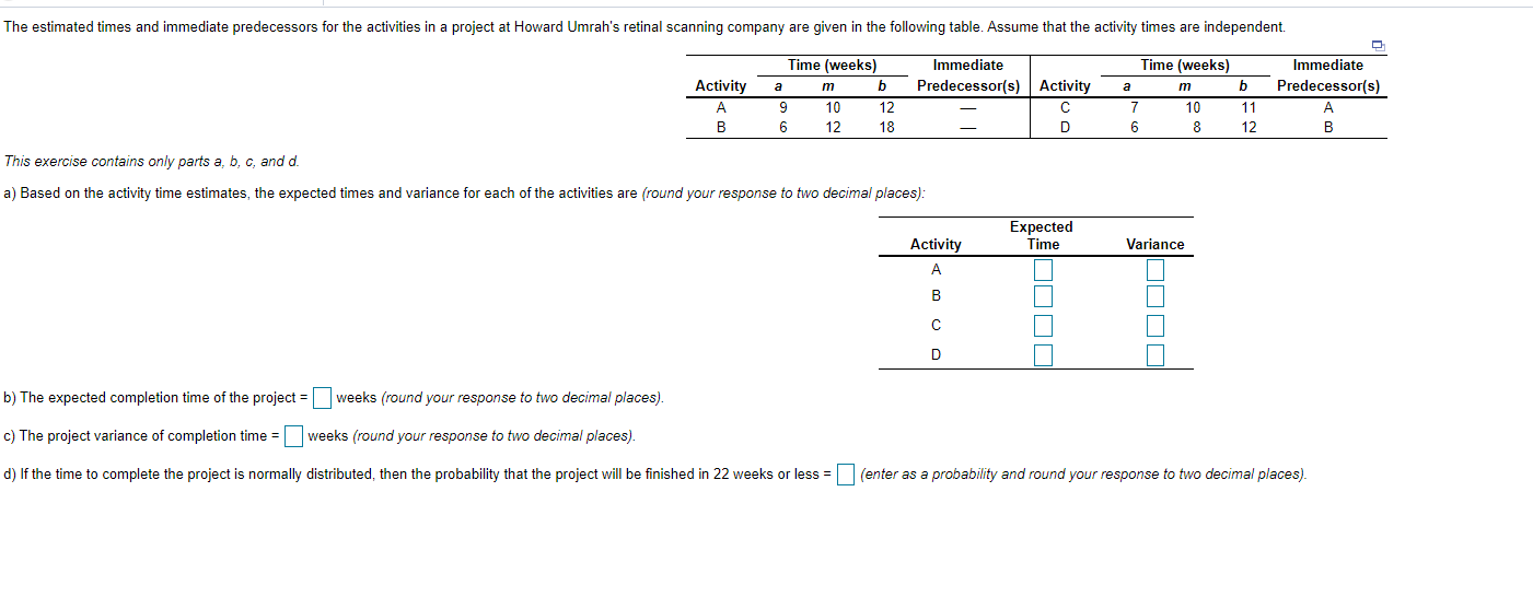 The estimated times and immediate predecessors