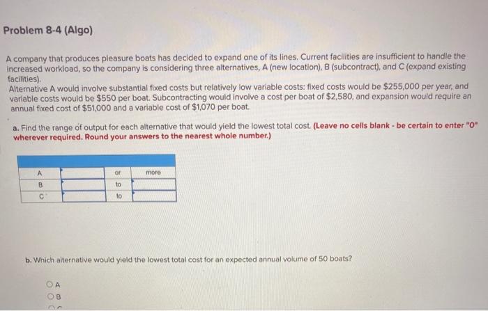 Please help Problem 8-4 (Algo) A company that