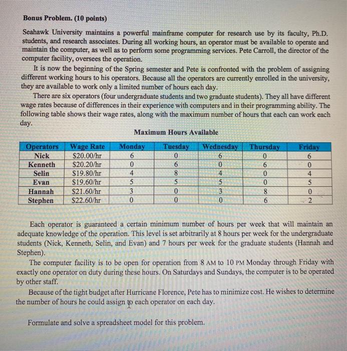 Supply Chain Modeling with Excel Bonus Problem.