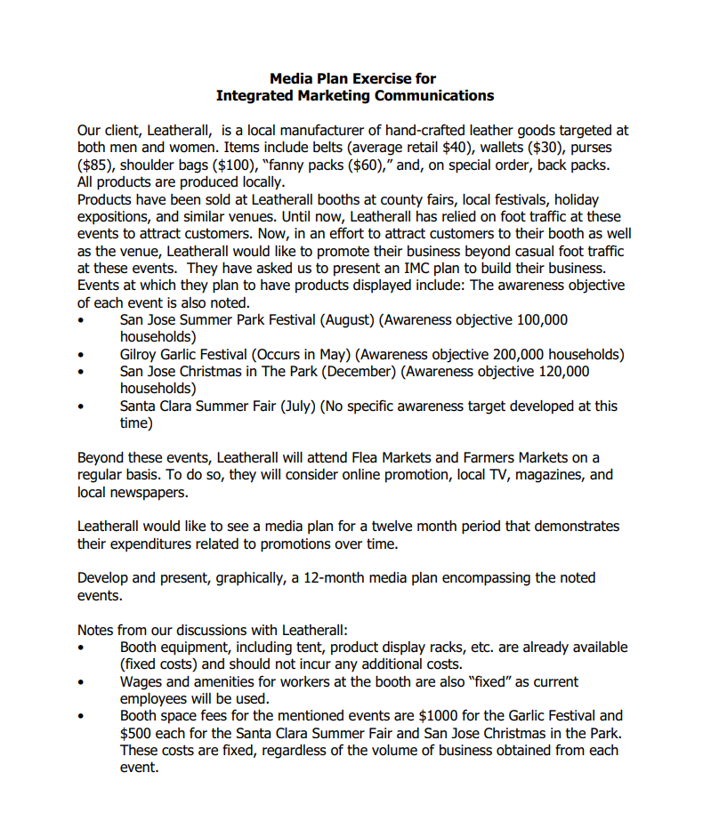 Media Plan Exercise for Integrated Marketing