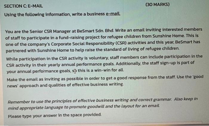 (30 MARKS) SECTION C. E-MAIL Using the following