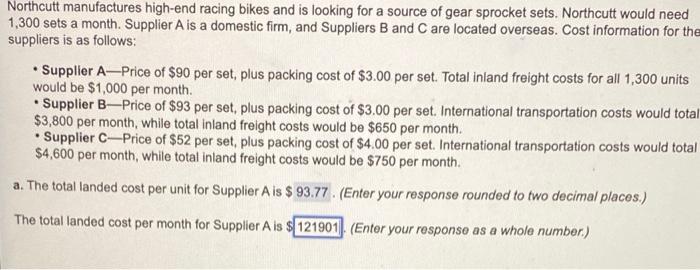 Find total landed cost per unit and per month for