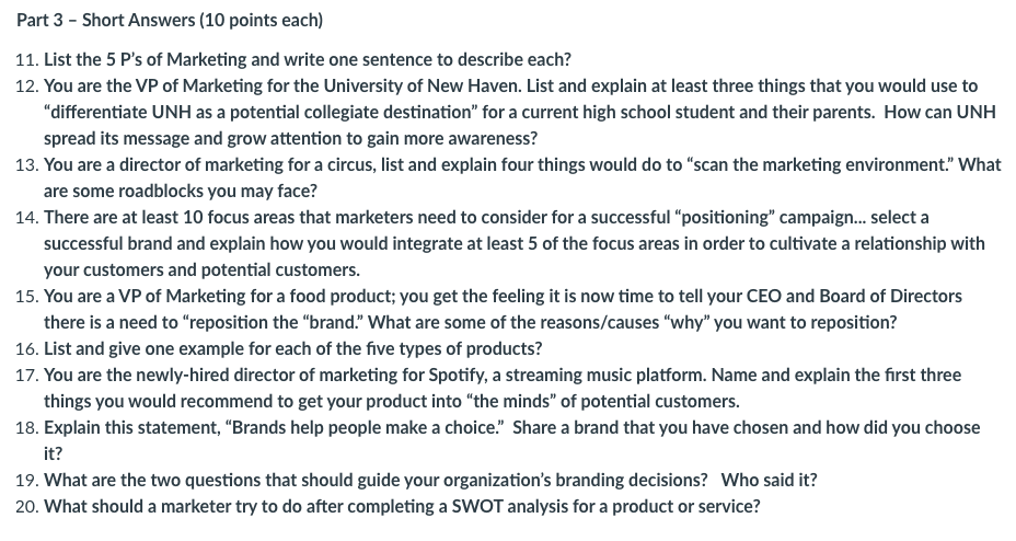Part 3 - Short Answers (10 points each) 11. List