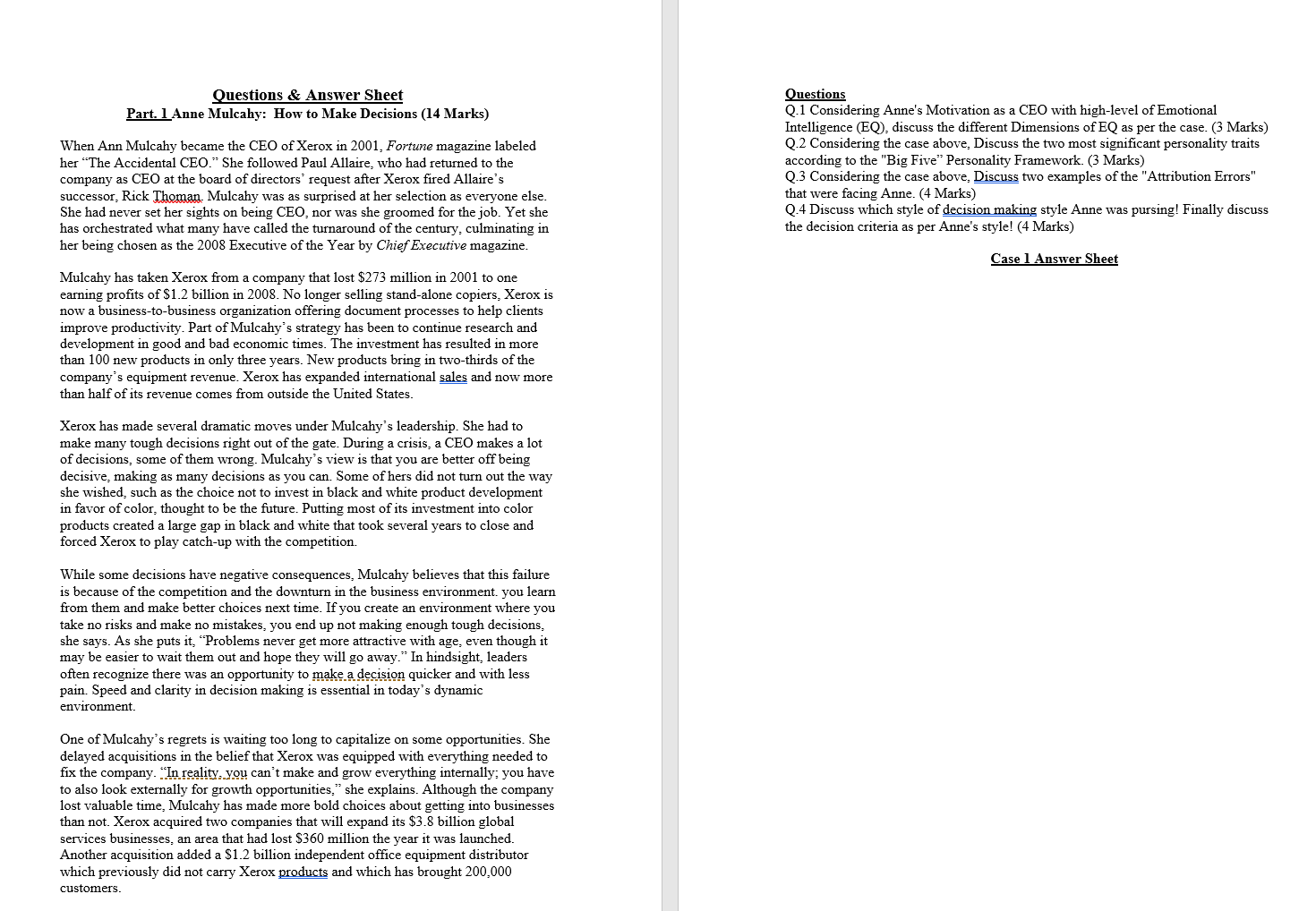 Questions & Answer Sheet Part. 1 Anne Mulcahy: