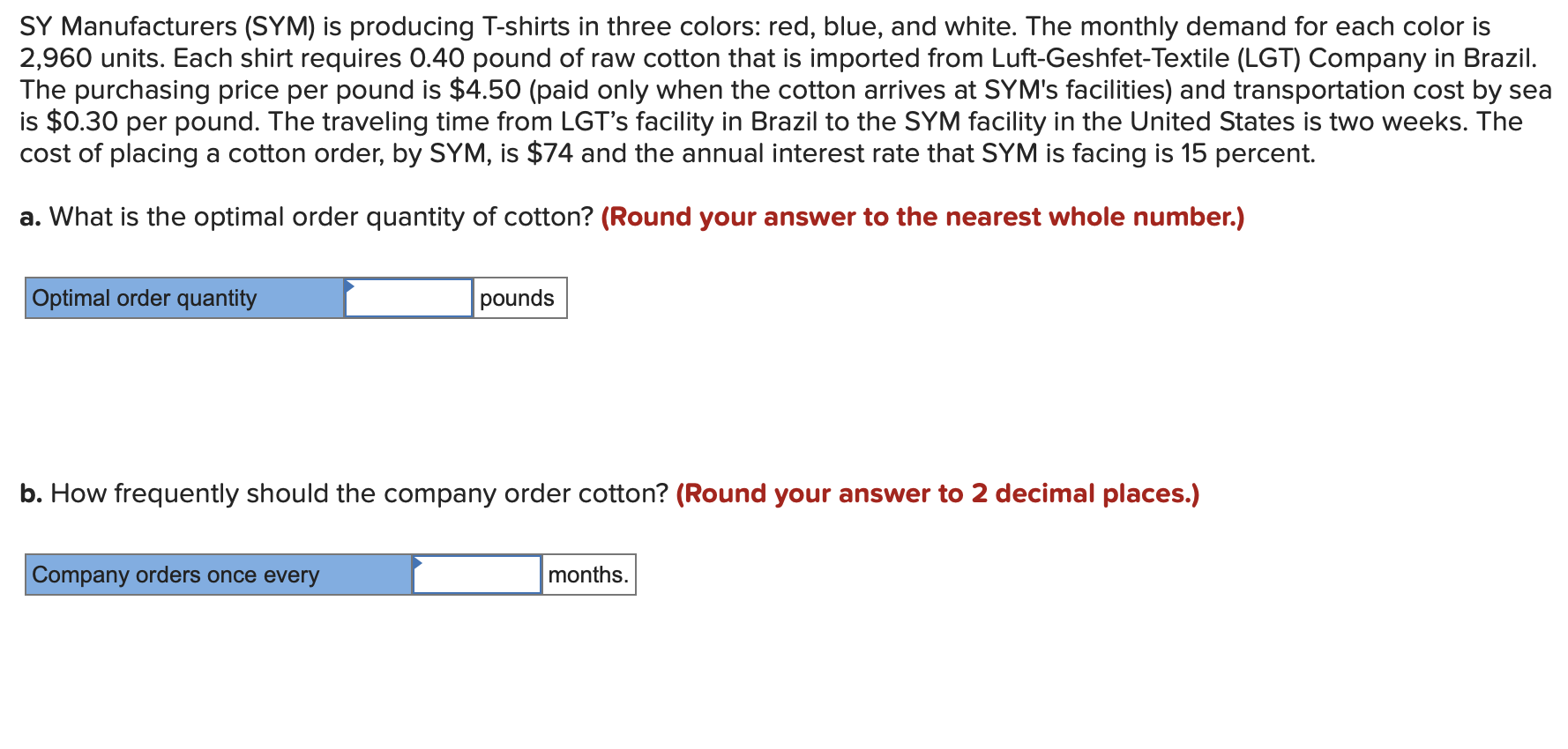 SY Manufacturers (SYM) is producing T-shirts in