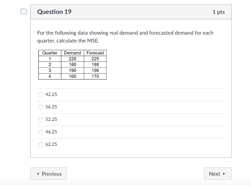 Question 19 1 pts For the following data showing