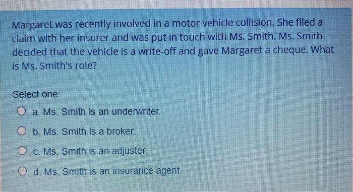 Margaret was recently involved in a motor vehicle