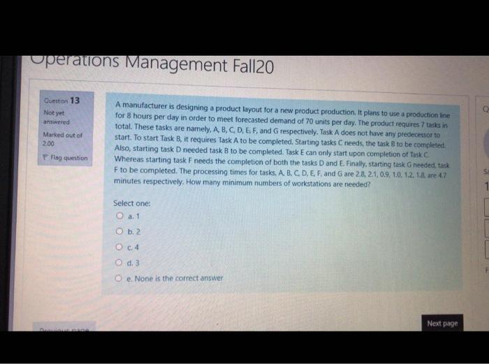 Operations Management Fall20 Question 13 Not yet