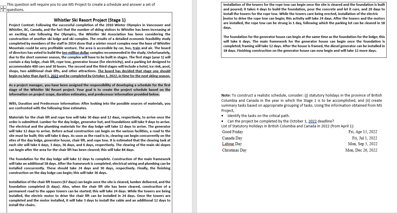 This question will require you to use MS Project