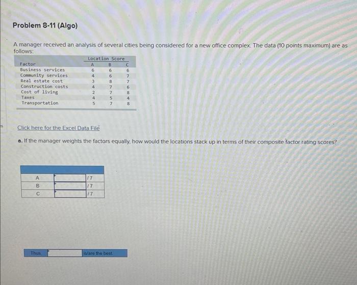 Problem 8-11 (Algo) A manager received an
