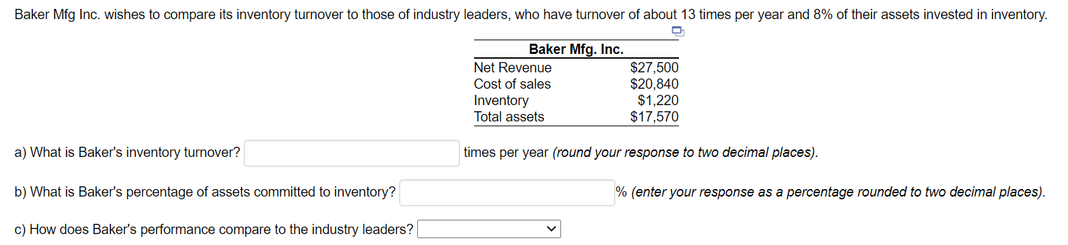 Baker Mfg Inc. wishes to compare its inventory