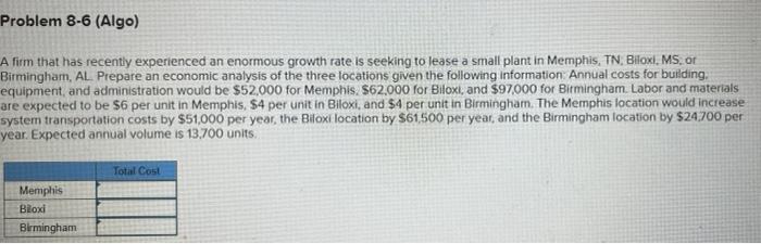 Problem 8-6 (Algo) A firm that has recently