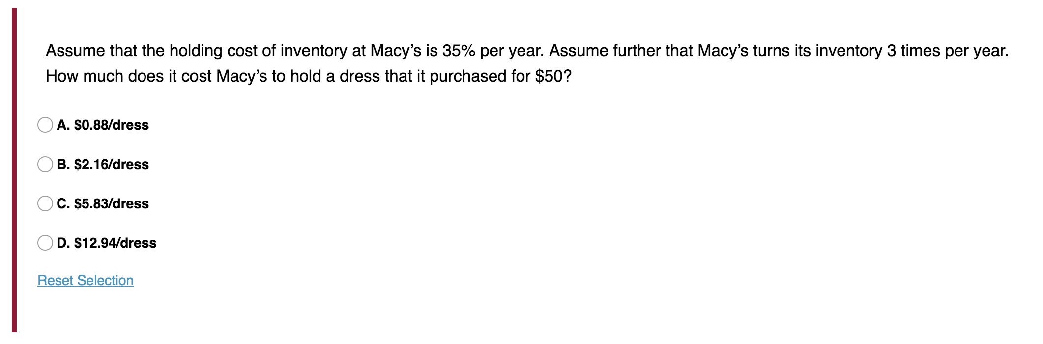 Assume that the holding cost of inventory at