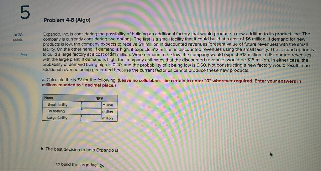 5 Problem 4-8 (Algo) 14.28 points Expando, Inc.