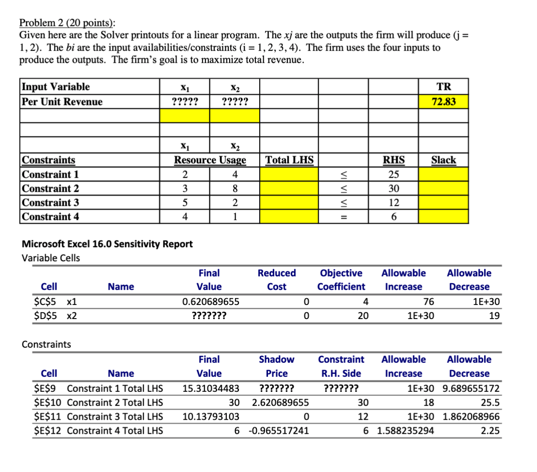 Problem 2 (20 points): Given here are the Solver