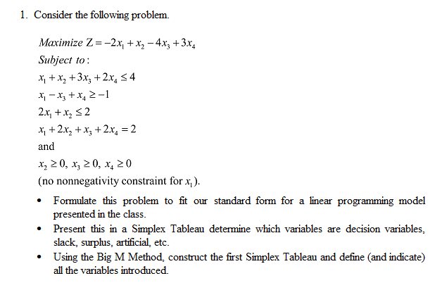 1. Consider the following problem. Maximize Z=-2x