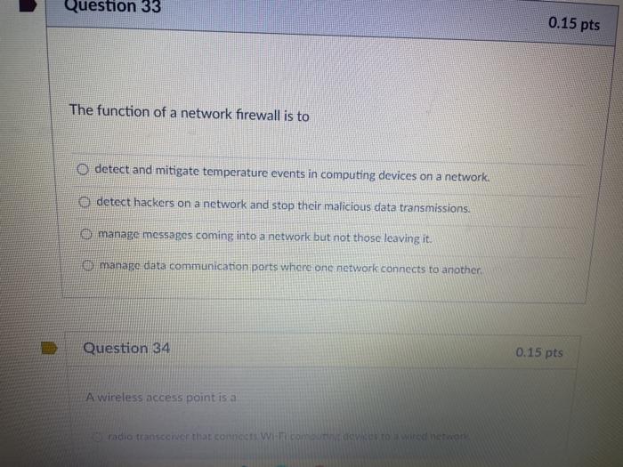 Question 33 0.15 pts The function of a network