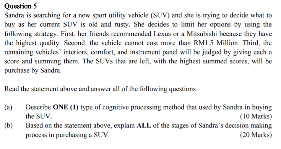 Question 5 Sandra is searching for a new sport