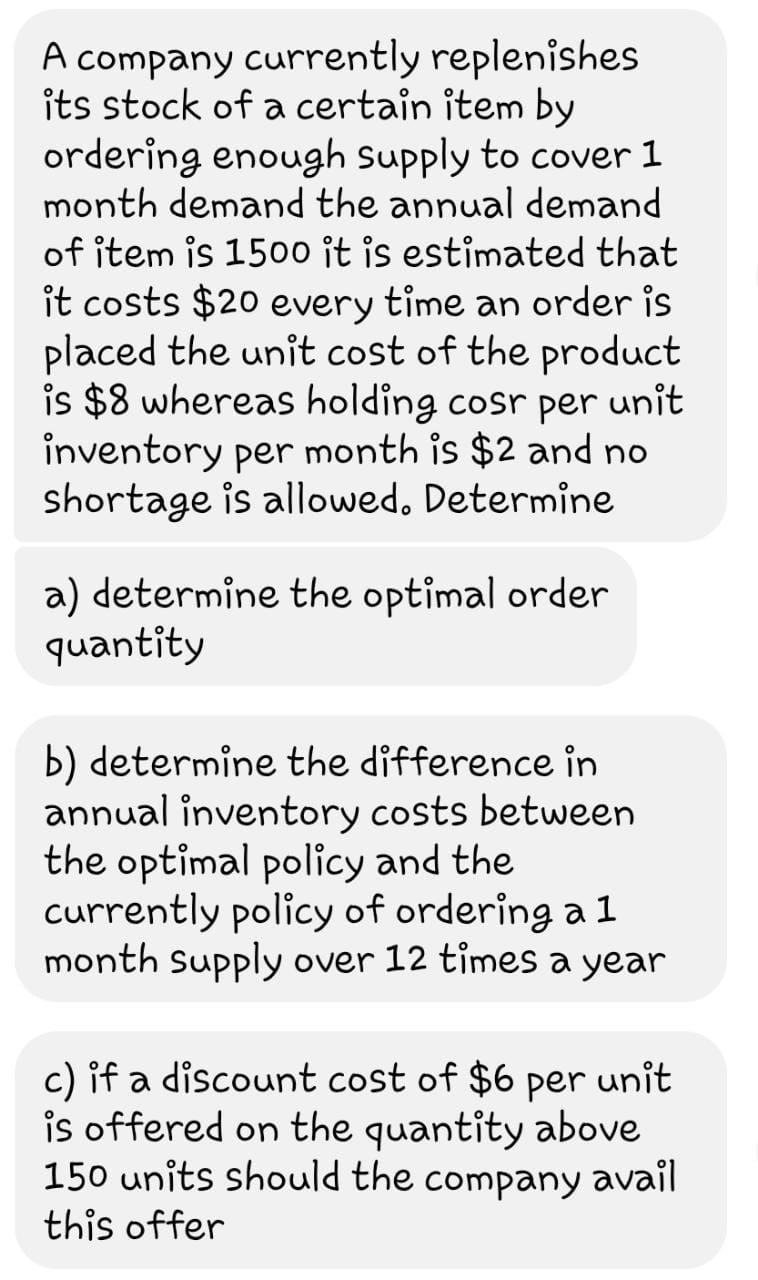 A company currently replenishes its stock of a