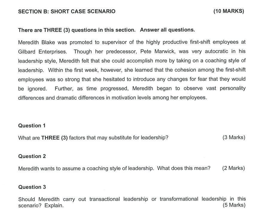 SECTION B: SHORT CASE SCENARIO (10 MARKS) There