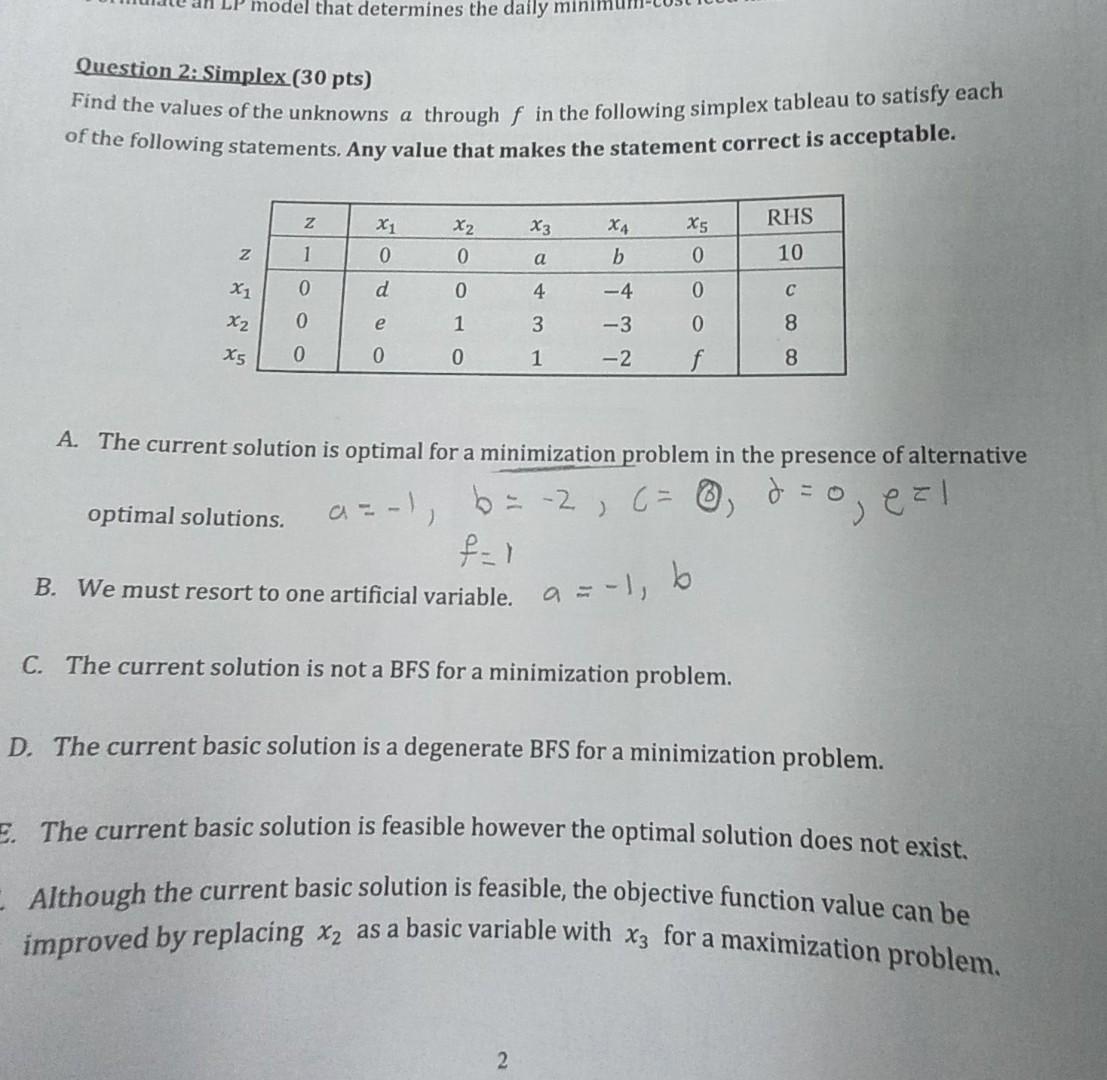 Question 2: Simplex (30 pts) Find the values of