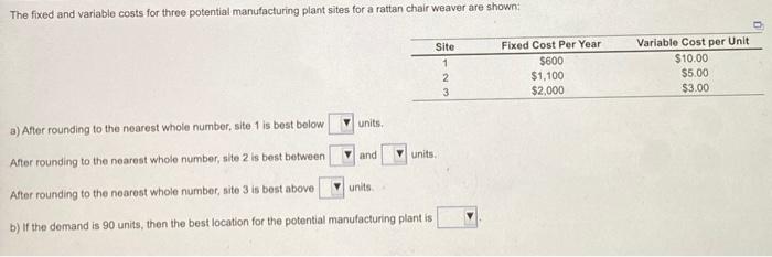 The fixed and variable costs for three potential