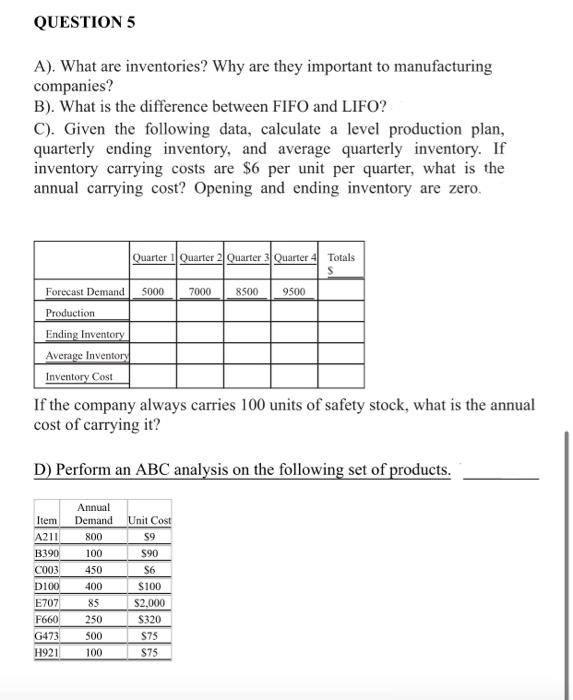 QUESTION 5 A). What are inventories? Why are they