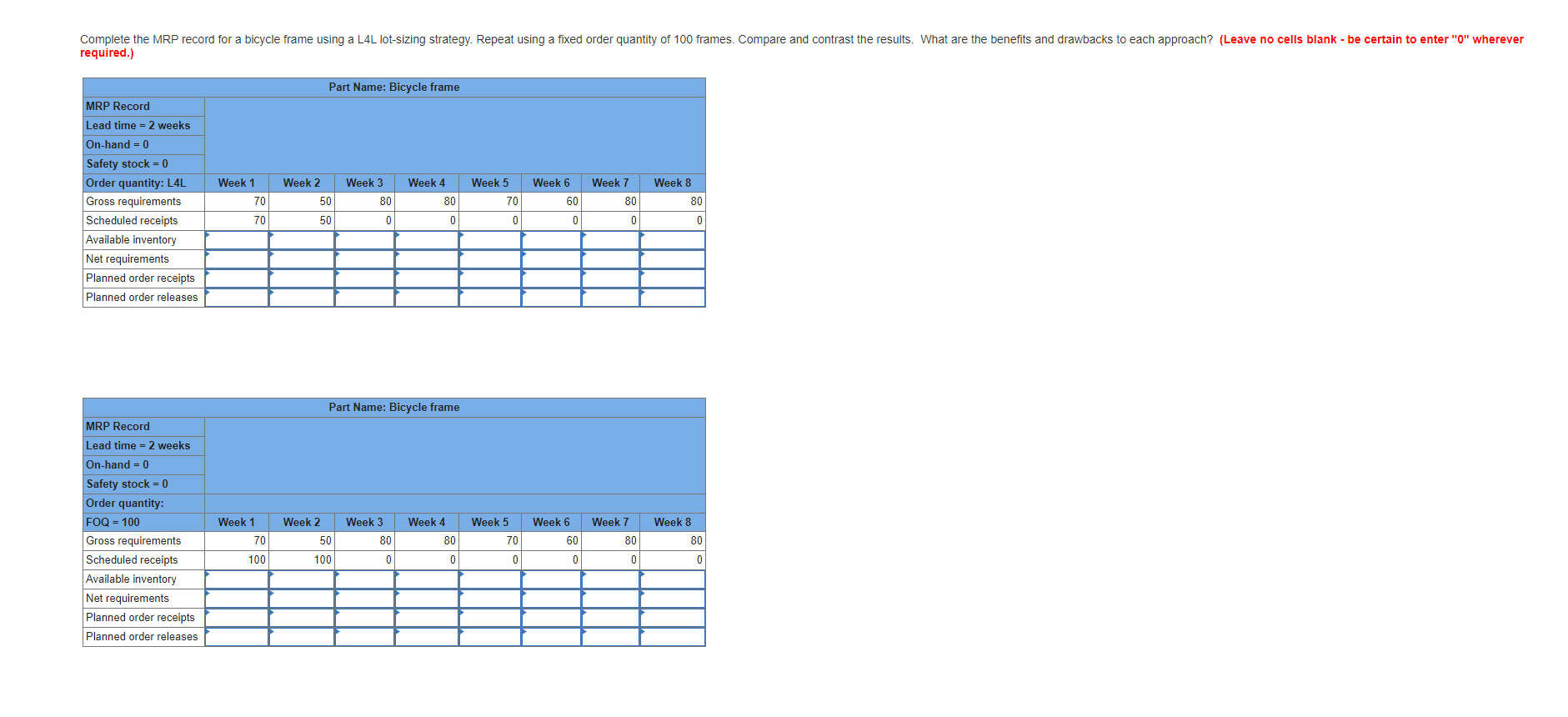 Complete the MRP record for a bicycle frame using