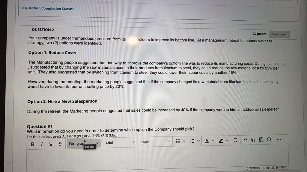 Question Completion Status: QUESTION 2 20 points