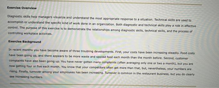 Exercise Overview Diagnostic skills help managers