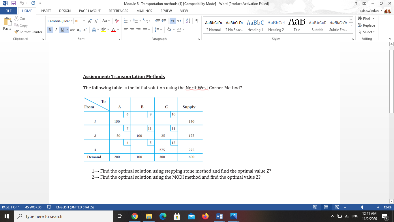 W] 5 ? o Module B- Transportation methods (1)