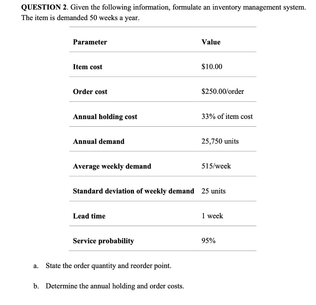 QUESTION 2. Given the following information,